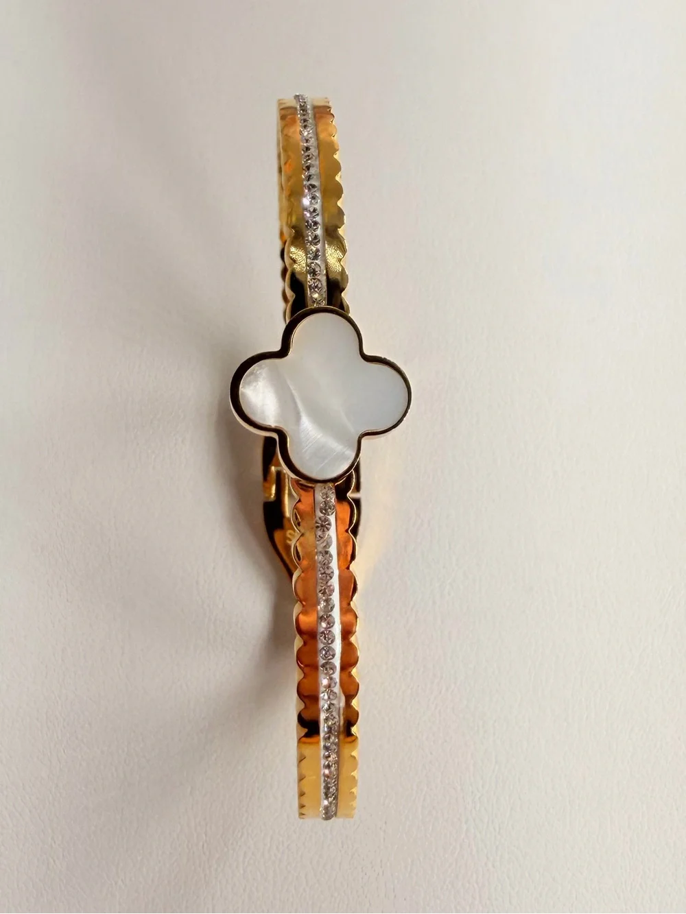 Stainless steel Gold Bangle Bracelet with White Mother-of-Pearl Clover Accent